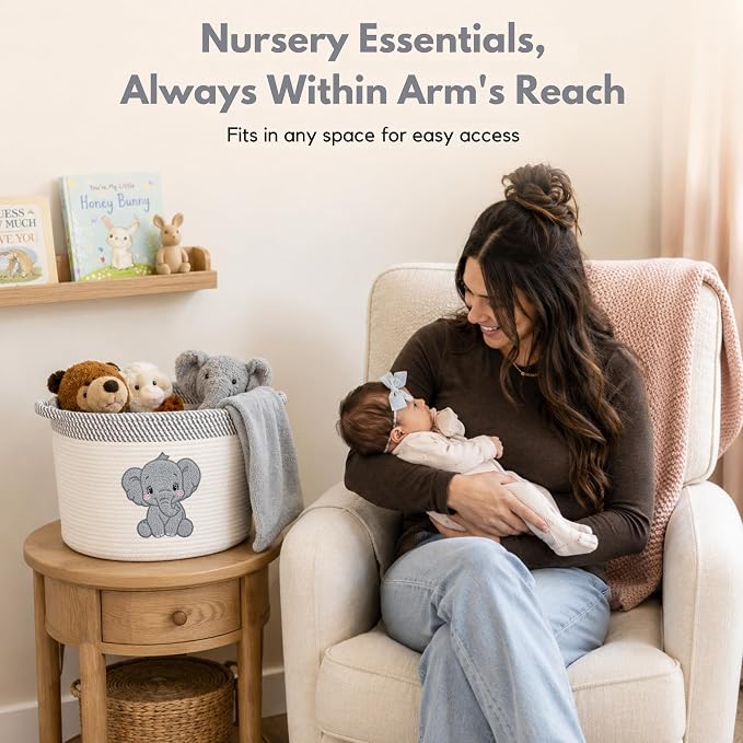 Elephant Nursery Storage Basket, Cotton Rope Toy & Blanket Organizer Bin