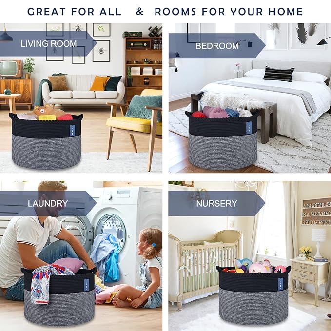 COMSE Extra Large Blanket Basket, Woven Laundry Basket, 21.7”x 13.8”, Nursery Hamper, Cotton Rope Laundry Hamper Living Room for Storage Toys Clothes Towels(Black & Gray)