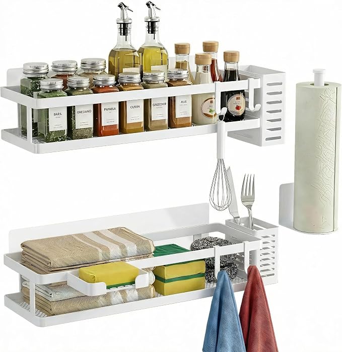 PUSDON 5-in-1 16.5" Extra Long Kitchen Organizer & Shower Caddy Set, Wall Mount Spice Rack with Paper Towel Holder, Utensil Holder & Soap Dish, Rustproof Mesh - White, Guardrail
