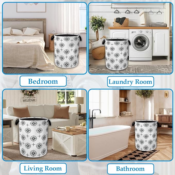Black Compass Laundry Basket Collapsible Laundry Hamper Clothes Storage Bin for Bathroom Bedroom Room Decor 16" X 20.8"