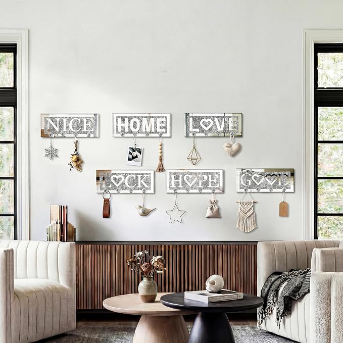 SHYFOY Crystal Clear Hooks Key Holder Key Hanger, Sparkly Mirrored Home Letters Plaque Sign for Decor, Silver Mirror Decoration Wall Art for Entryway Hallway Living Room, Lock Letter