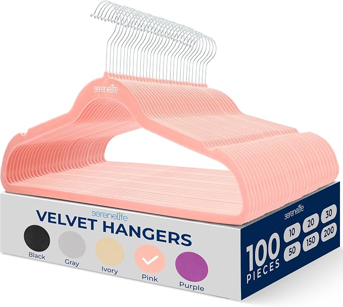 SereneLife Velvet Hangers – 100 Pack, Slim & Space Saving for Closets | Soft velvet grip prevents slipping on silk, satin & knitwear – 360° swivel hook fits all standard closet rods