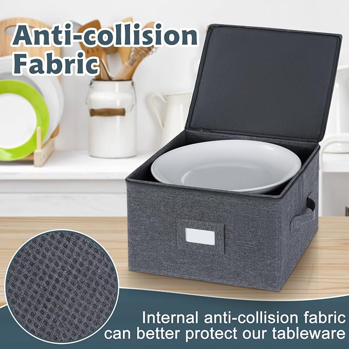 popoly China Storage Containers Hard Shell Inside 12" W x 8" H, Dinner Plate Storage Containers for Dishes, Dinnerware with 24 Felt Dividers, Hold 24 Plates, Storage Stackable (2 Pack Grey)