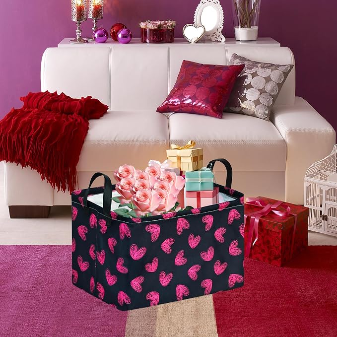 Rectangular Valentines Basket Storage Bin for Shelves Girls Gifts Baskets Foldable Box with Handles for Home Office Car Dormroom Valentine's Day Party Supplies
