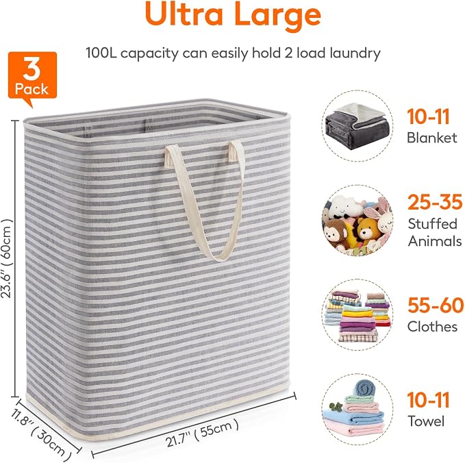 Lifewit 3 Pack Laundry Basket 100L Each, Collapsible Clothes Hamper with Reinforced Handles, Freestanding Waterproof Design for Bedroom and Laundry Room, Grey 300L Total