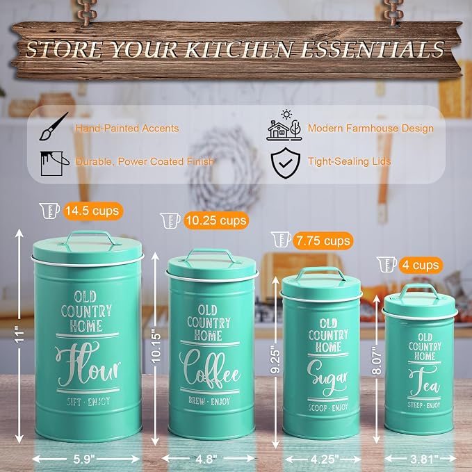 DAYYET Teal Canisters for Kitchen Counter, Airtight Kitchen Canisters for Countertop, Flour and Sugar Containers, Tea Coffee Sugar Canister Set, Turquoise Kitchen Decor and Accessories, Set of 4