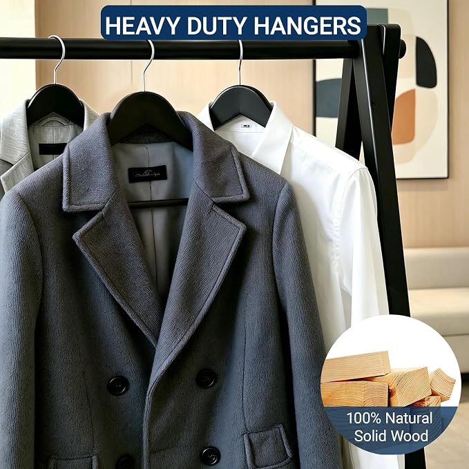 Amber Home Solid Wood Suit Coat Hangers 30 Pack, Smooth Black Finish Wooden Dress Hangers with Non Slip Pant Bar, Clothes Hangers with 360 Swivel Hook & Notches for Jacket, Pant, Shirt (Black, 30)