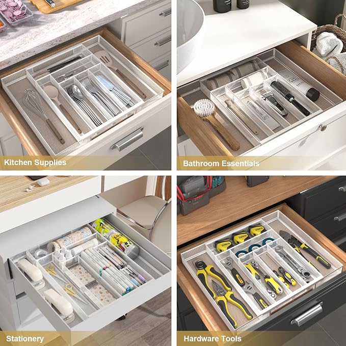 Sedegn Expandable Kitchen Utensil Organizer - 11.6" to 20" Adjustable Cutlery Tray with 6-8 Compartments - Fits Various Drawer Sizes & Holds Large Ladles Spatulas Forks Spoons & Knives White