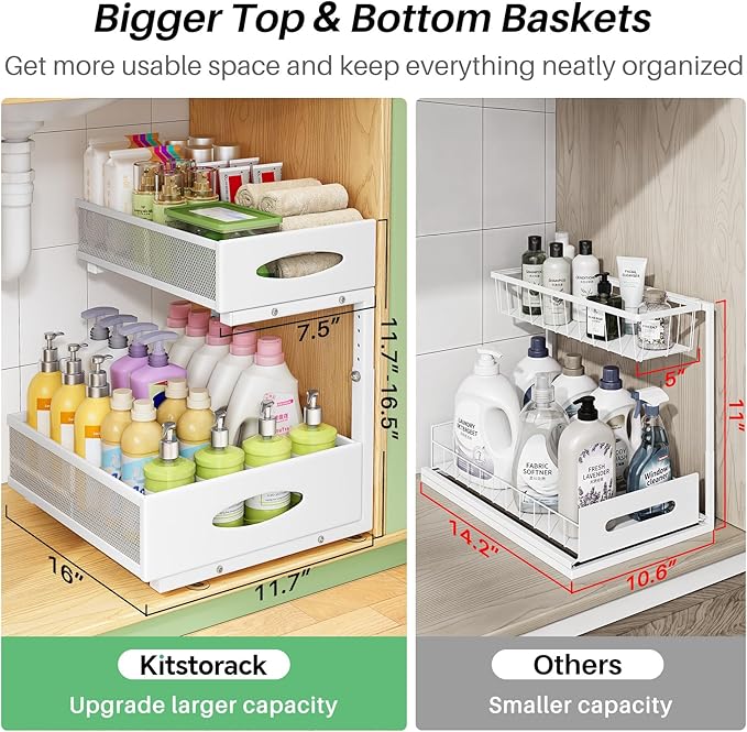 Under Sink Organizer, 2-Pack Pull Out Cabinet Organizer 2 Tier Metal Slide Out Storage Shelf Rack, L-Shaped Adjustable Height,Mesh Sliding Drawer for Kitchen, Bathroom, Laundry, Pantry, White, XL