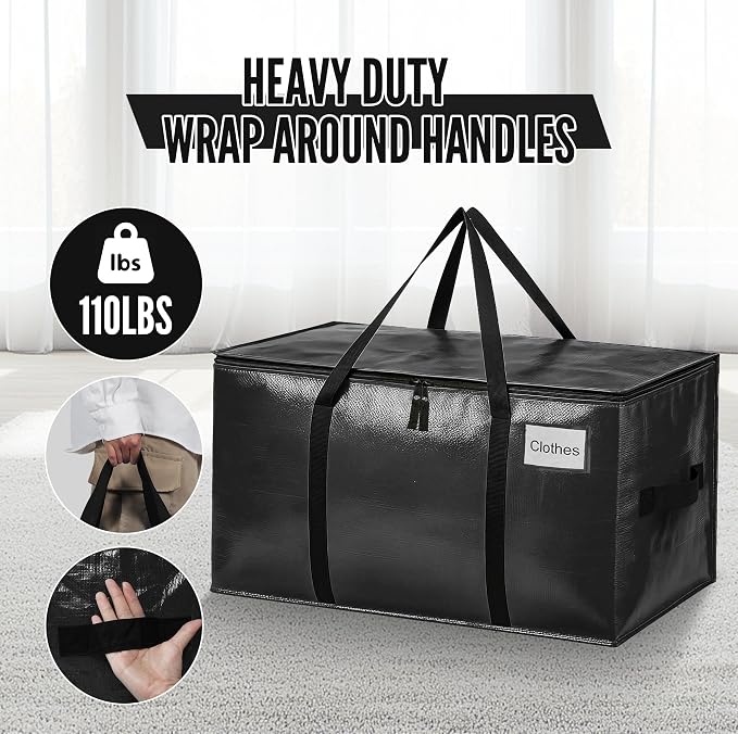 BAGAIL Heavy Duty Moving Bags with Strong Handle, Extra Large Moving Boxes, Storage Tote for Clothes, College Moving Supplies(Black, 4 Pack)