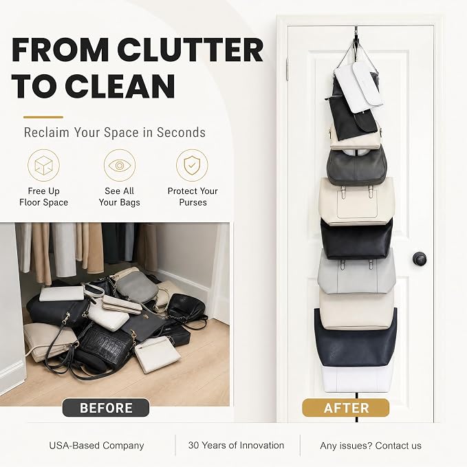 Perfect Curve Handbag and Purse Organizer, Black | Hold up to 18 Bags, Over The Door, Adjustable Clips, 2 Straps
