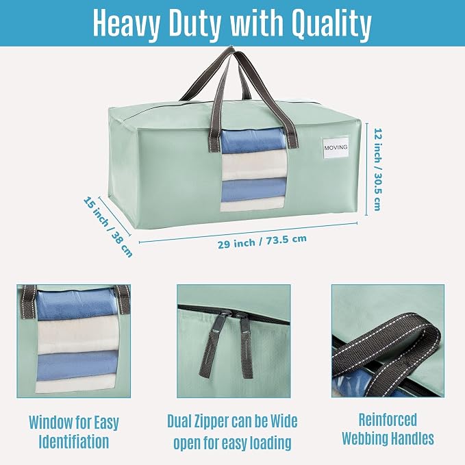 VENO 8 Pack Heavy Duty Moving Bags, Packing Bags with Clear Window, Alternative to Moving Boxes, Storage Bins for Clothes, Blankets, Comforters, College Dorm Essentials (Shiny Light Green, 8 Pack)