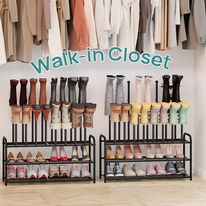 viewcare Tall Boot Rack, Long Boot Rack Organiser, Tall Boots with Shoe Rack for Closet, 3-Tier Shoe Shelf Storage Organiser for Entryway