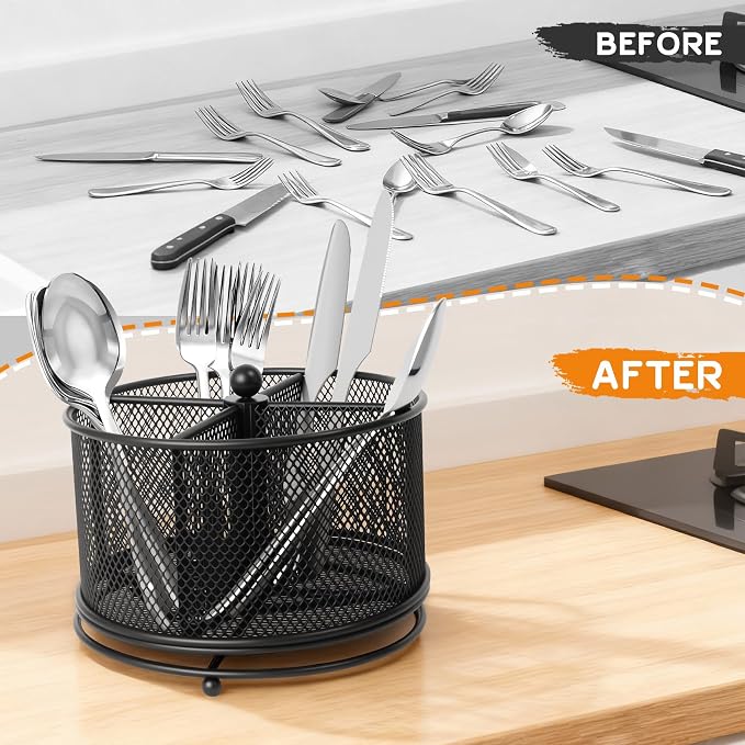 360° Rotating Metal Utensil Caddy, 4 Compartment Silverware Cutlery Holder, Effortless Access Fork Spoon, Silverware Holder for Party Countertop Buffet Picnic Camping Outdoor (Black)