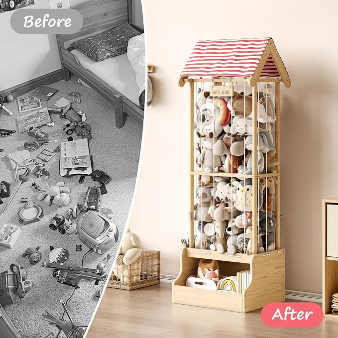 Stuffed Animal Storage, Wooden Stuffed Animal Zoo with Toy Box and Triangular Ceilings, Vertical Stuffed Animal Holder with Thicker Elastic Band, Plushies Storage for Playroom, Nursery, Bedroom