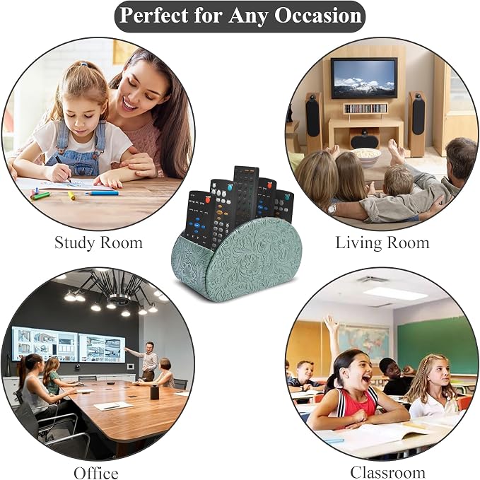 Remote Control Holder, PU Leather Remote Caddy Desktop Organizer with 5 Spacious Compartments for TV Remotes/Media Controllers/Office Supplies (1-Carved3 Green1