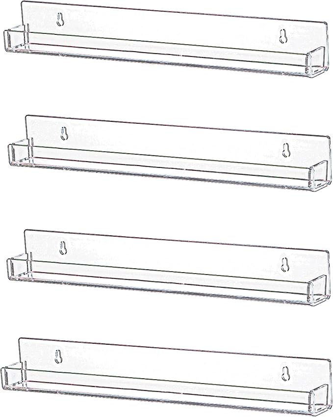 IEEK 4 PCS Floating Invisible Kids Bookshelf Wall Mounted Nail Polish Rack,Clear Acrylic Picture Ledge Vinyl Record Display Shelf Nail Polish Holder with Removable Anti-Slip End Inserts,15 inch