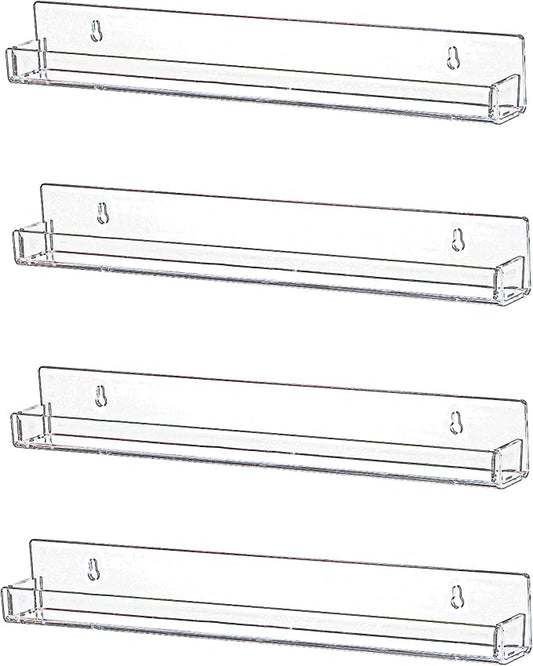 IEEK 4 PCS Floating Invisible Kids Bookshelf Wall Mounted Nail Polish Rack,Clear Acrylic Picture Ledge Vinyl Record Display Shelf Nail Polish Holder with Removable Anti-Slip End Inserts,15 inch