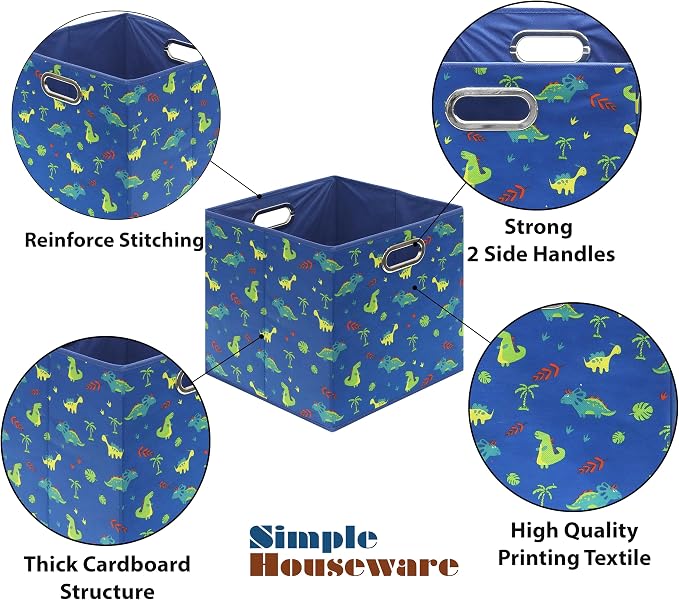 Simple Houseware 13-Inch Collapsible Fabric Cube Storage Bin with Handles, Printed Design, 3 Pack, Blue