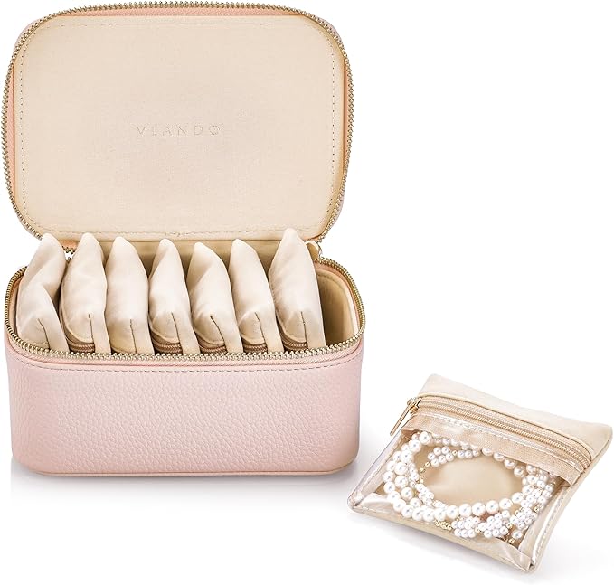 VLANDO Jewelry Travel Case,Gifts for Women,Travel Jewelry Organizer with Clear Velvet Jewelry Bags Zipper Pouch for Women Girl Gift-Pink 8Pcs