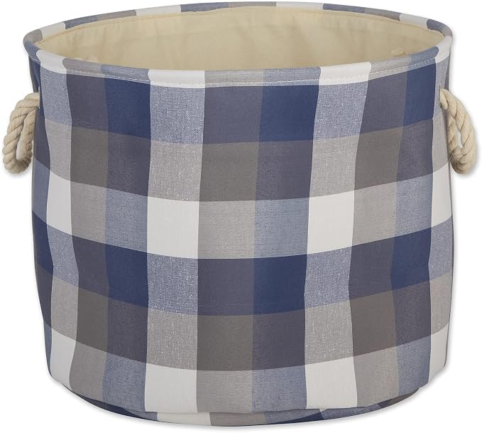 DII Buffalo Check Storage Collection Collapsible Bin with Handles, Large Round, 16x16x15, Tri Color French Blue