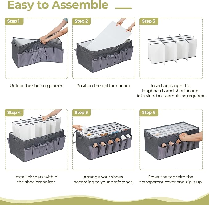 Extra Large Fabric Shoe Organizer for Closet, Fits up to 28 Pairs, Foldable Shoe Storage Bin Containers with Adjustable Dividers and Clear Cover, Grey, 6 Pack