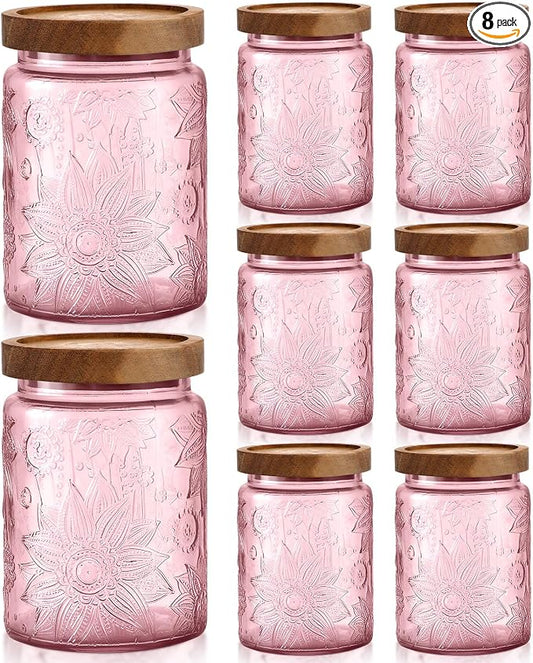 LemonRoad 8 Pcs Vintage Pink Glass Storage Jars 23.67 oz Candy Jar Canister with Solid Wood Lids Food Storage Container for Kitchen, Ground Coffee, Tea, Sugar, Decorative Mason Cookie Jar