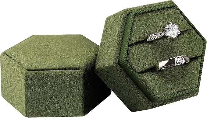 DesignSter Velvet Jewelry Ring Box,2 Slots Jewelry Ring Gift Box Vintage Ring Display Holder with Detachable Lid for Proposal, Engagement, Wedding, Ceremony(Dark grass green)