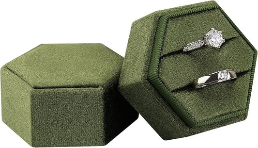 DesignSter Velvet Jewelry Ring Box,2 Slots Jewelry Ring Gift Box Vintage Ring Display Holder with Detachable Lid for Proposal, Engagement, Wedding, Ceremony(Dark grass green)