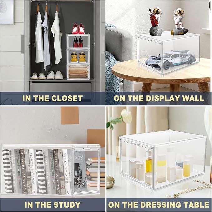 1 Pack Clear Shoe Boxes with Acrylic Drop Front Magnetic Door, Stackable Size 12 Shoe Organizer for Sneaker Collection, Space-Saving Plastic Shoe Storage Box for Closet, Entryway, Bedroom