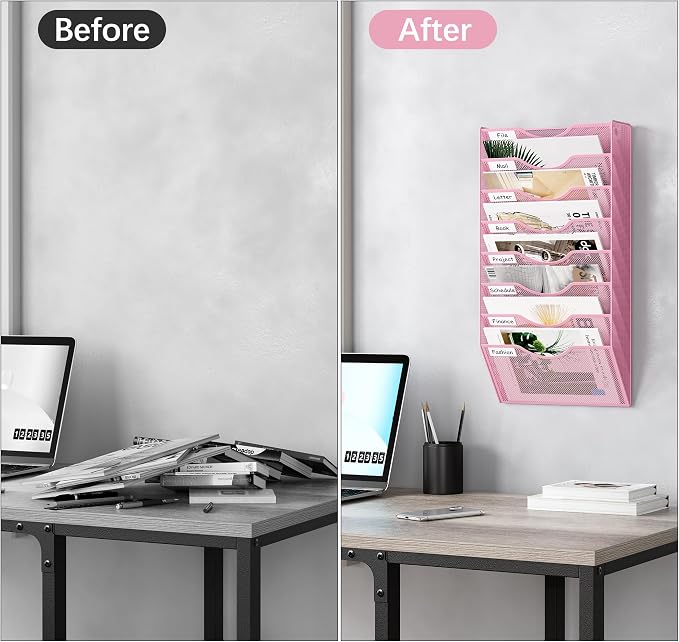 EasyPAG 8 Pocket Mesh Wall File Organizer, Hanging Paper Folder Holder with Classify Label, Vertical Wall Mount Mail Organizer for Office Home Classroom, Pink