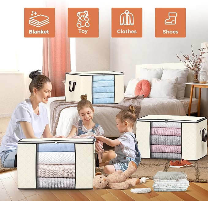 90L Large Storage Bags, 10 Pack Clothes Storage Bins Closet Organizers | Foldable Storage Containers, with Reinforced Handle, for Clothing, Blanket, Comforters, Bed Sheets, Pillows and Toys,Beige