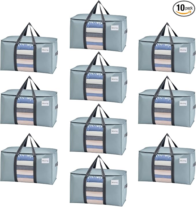 VENO 10 Pack Moving Bags with Clear Window, Heavy Duty Storage Bins with Lid, Around Handles, Tag, Zippers, Extra Large Totes Packing Moving Boxes Supplies for College Dorm Clothes (Light Blue)