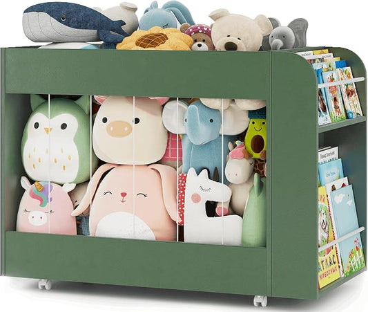 Wooden Kids Bookshelf and Toy Storage Organizer with Side Drawing Chalkboard, 3-in-1 Mobile Stuffed Animal Storage Zoo, Rolling Toy Box Container on 4 Wheels for Kids Room Playroom Nursery, Green