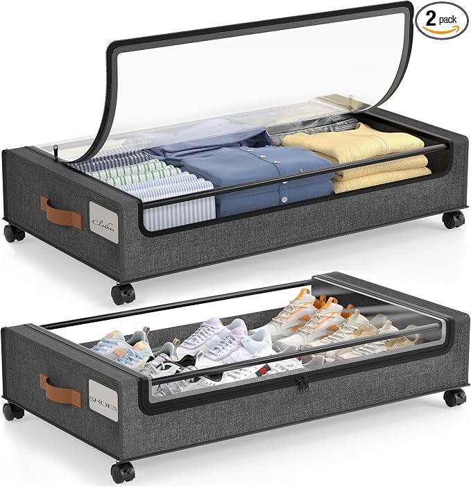 LAMU Under Bed Storage with Wheels, 2 Pack Under Bed Storage Containers with Clear Lid, XXL 60 L Underbed Storage Bins, Rolling Under Bed Metal Drawers for Clothes, Blankets, Shoes, Hemp Grey