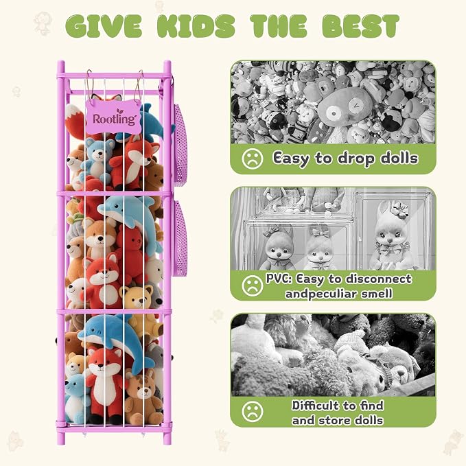 Stuffed Animal Storage & Organizer, 54 inch Tall Wooden Cute Zoo Toy Holder w/Building Block Storage Bag, Premium Wooden Material with Elastic Cord for Toddler Rooms, Playrooms (Pink, Large)