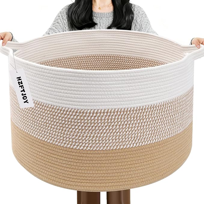 90L Large Blanket Basket,21.7"L x 21.7"W x 13.8"H Rope Woven Baskets with Handles, Toys Storage Bins,Laundry Basket Perfect for Living Room, Nursery,Bedroom,Home Organization,Yellow