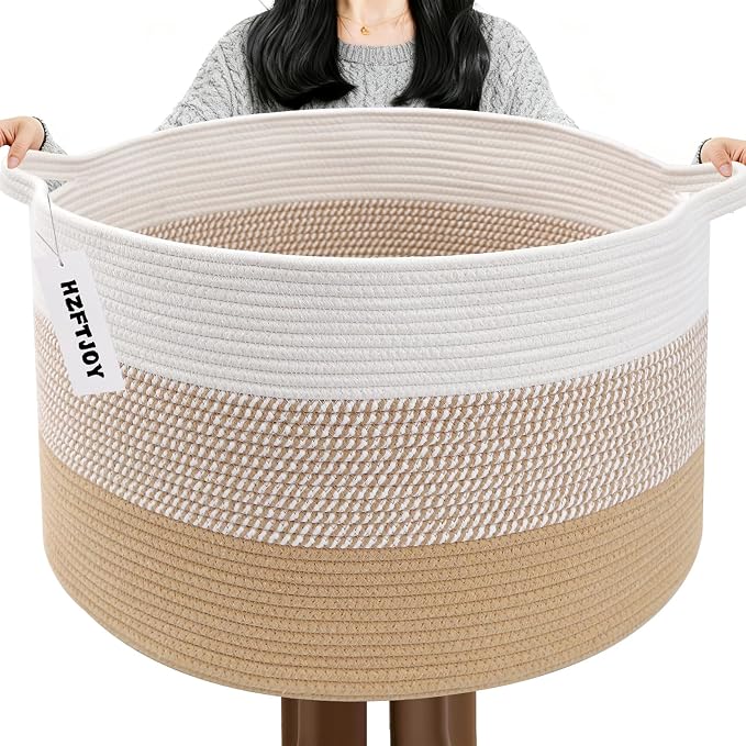 65L Large Blanket Basket, 19.7" L x 19.7" W x 13" H Cotton Rope Woven Storage Basket,Laundry Hamper for Toys, Clothes, Pillows & Towels, Perfect for Living Room, Nursery & Bedroom,Yellow