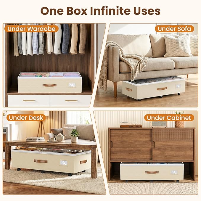 Budding Joy Under Bed Storage with Wheels 2Pack, 80L- Height Adjustable Underbed Containers with Clear Lids, Rolling Under Bed Shoe Storage Organizer for Dorm Home Clothes, Blankets, Toys, Beige