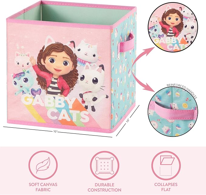 Idea Nuova Gabby’s Dollhouse Set of 2 Collapsible Storage Cubes with Carry Handles, Kids Room & Playroom Organizer Bins, 10” x 10”