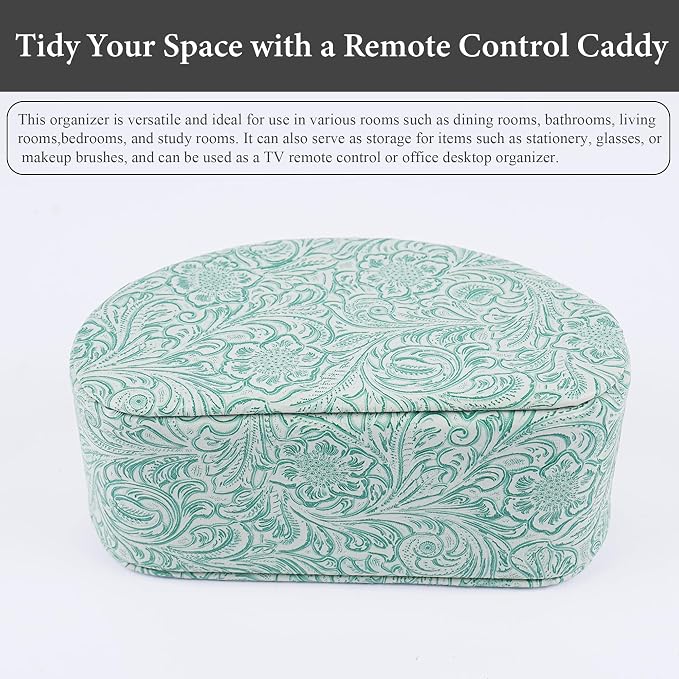 Remote Control Holder, PU Leather Remote Caddy Desktop Organizer with 5 Spacious Compartments for TV Remotes/Media Controllers/Office Supplies (1-Carved3 Green2
