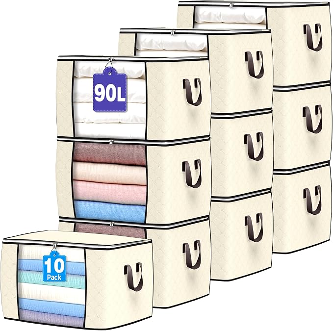 90L Large Storage Bags, 10 Pack Clothes Storage Bins Closet Organizers | Foldable Storage Containers, with Reinforced Handle, for Clothing, Blanket, Comforters, Bed Sheets, Pillows and Toys,Beige