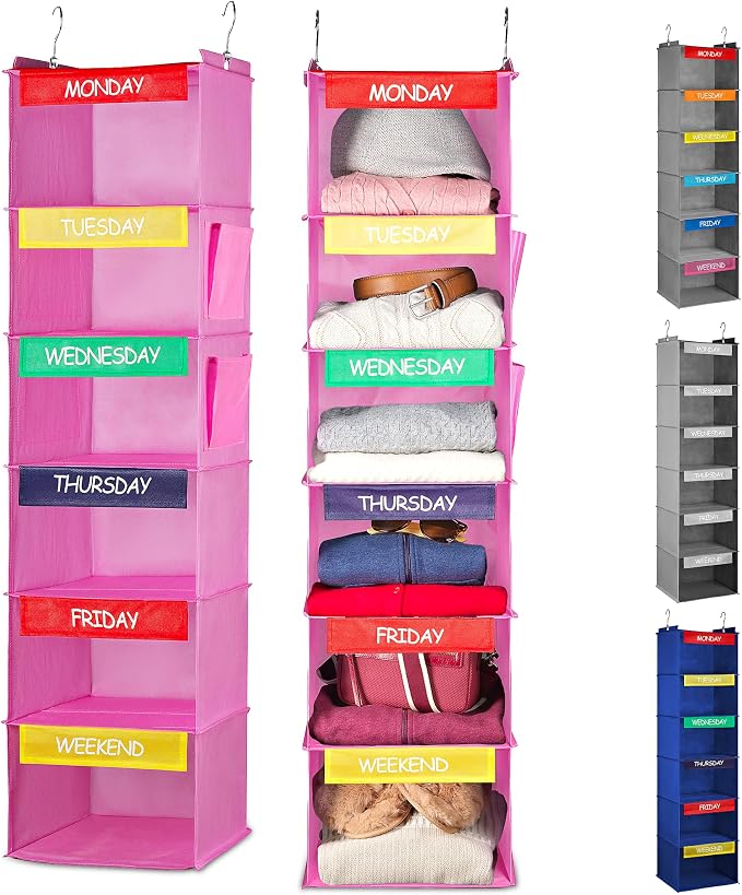 Handy Laundry Weekly Clothes Organizer for Kids, 6-Shelf Bamboo Reinforced | Days of the Week Hanging Closet Shelves, Monday Through Friday and Weekend, School Outfit Storage, Side Pockets, Pink
