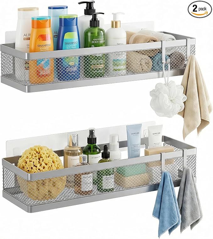 PUSDON 16.5-Inch Extra Long Slim Mesh Shower Caddy, Wall Mounted Bathroom Organizer with Adhesive, Heavy Duty Rustproof Shelf for Narrow Kitchen Pantry & RV, Holds 50 LBS Silver Gray -2 Packs Netting
