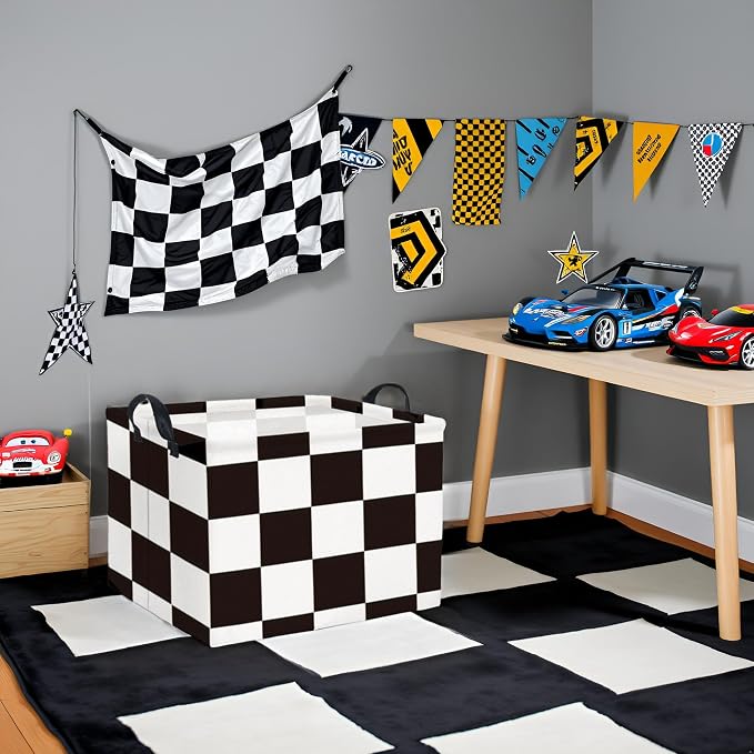 Rectangular Checkered Basket Storage Bin Collapse Storage Basket with Handles for Organizing Home Kitchen Boys and Girls Toys Office Closet Shelf Baskets (Race Flag)