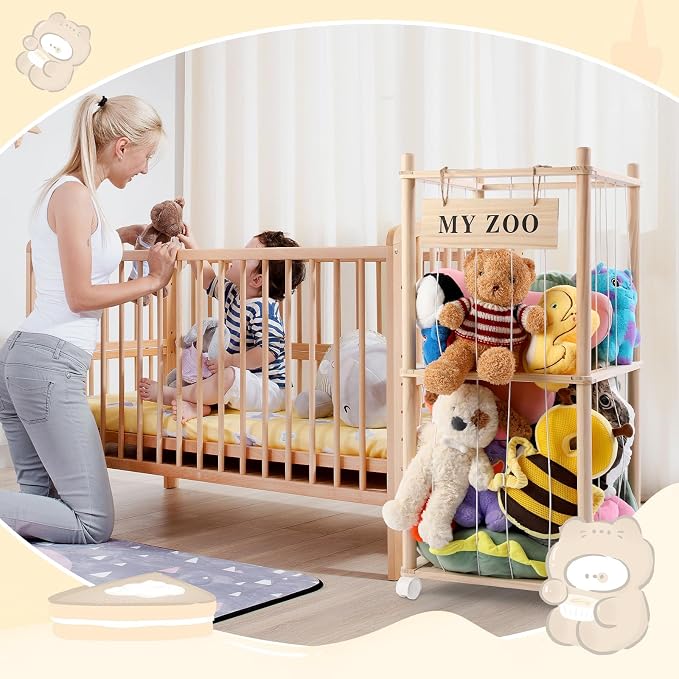 GLDZI Stuffed Animal Storage Zoo with Wheels, Wooden Stuffed Animal Organizer with Elastic Cords, Space Saving Toy Plushies Storage Holder for Playroom, Bedroom, Living Room(Burlywood, Small)