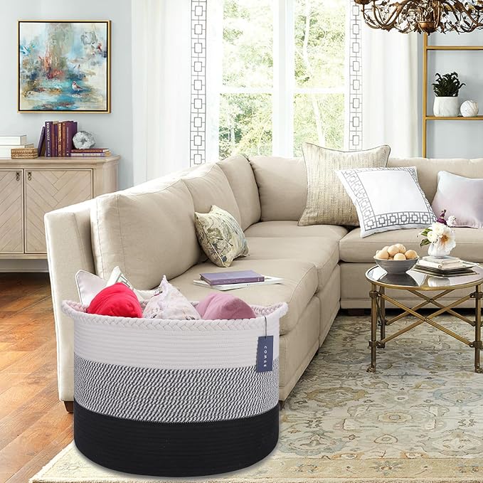 COMSE Extra Large Blanket Basket, Woven Laundry Basket, 21.7”x 13.8”, Nursery Hamper, Cotton Rope Laundry Hamper Living Room for Storage Toys Clothes Towels (White &Gray &Black)