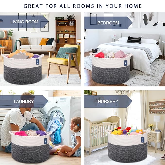 COMSE Extra Large Blanket Basket, Woven Laundry Basket, 21.7”x 13.8”, Nursery Hamper, Cotton Rope Laundry Hamper Living Room for Storage Toys Clothes Towels (White & Black)