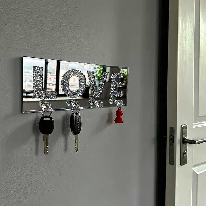 Crushed Diamond LOVE Key Holder, Silver Mirror Wall Decor,11.8" ,4 Hooks | crushed diamond silver mirror with safe beveled edges,4 2-lb capacity acrylic hooks ,shatterproof, for keys/scarves/bags etc.