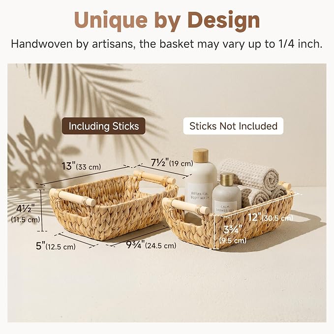 StorageWorks Hand-Woven Small Wicker Baskets, Water Hyacinth Storage Baskets with Wooden Handles, 2-Pack